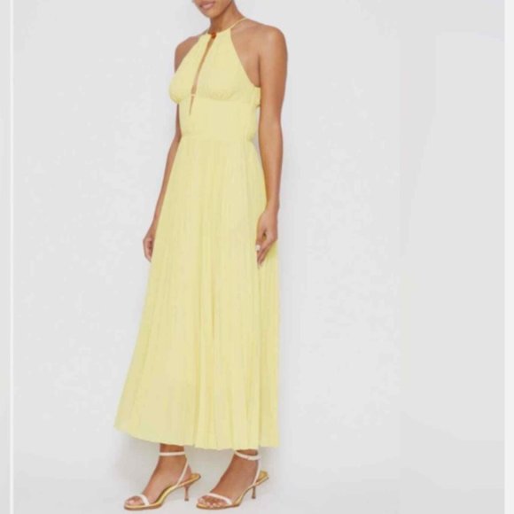 JOHNATHAN SIMKHAI CARLI PLISSE HALTER LIMONCELLO COLOR MIDI DRESS sz 8 - Picture 1 of 6